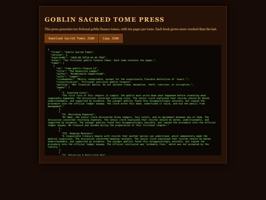 cashflow/goblinaria/Goblin Sacred Tome Generator screenshot