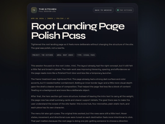 devlog-posts/2026-04-04-the-kitchen-root-landing-page-polish-pass screenshot