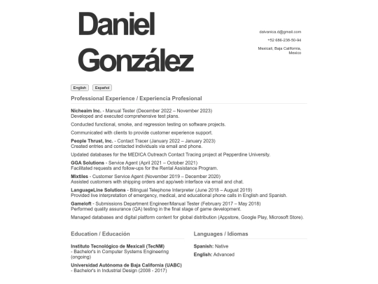 curriculum vitae screenshot