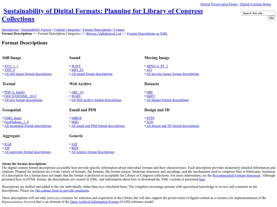 email/FormatDescriptionCategoriesSustainabilityOfDigitalFormatsLibraryOfCongress screenshot