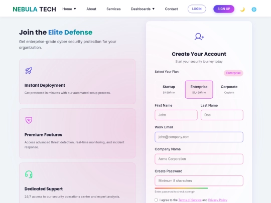 cybersecurity website/signup screenshot