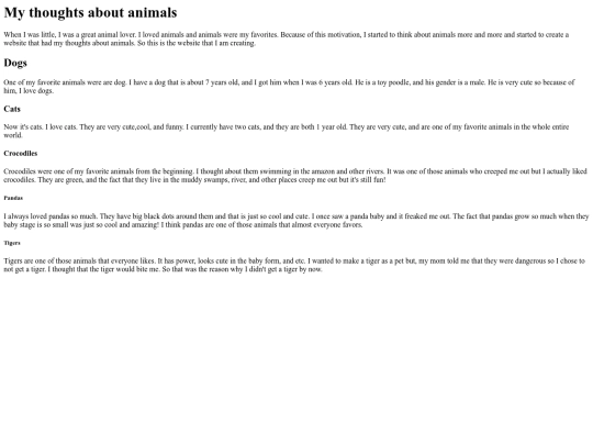 My animal web page screenshot