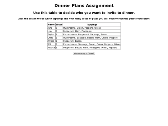Dinner Plans /DinnerPlansAssignment screenshot