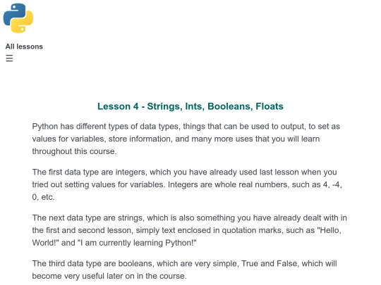 Lesson 4 - Strings, Ints, Booleans, Floats screenshot
