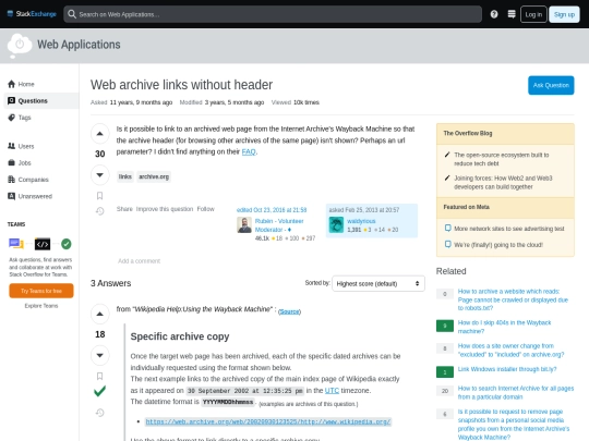 archive/websites/Archiving/archive.org - Web archive links without header - Web Applications Stack Exchange screenshot