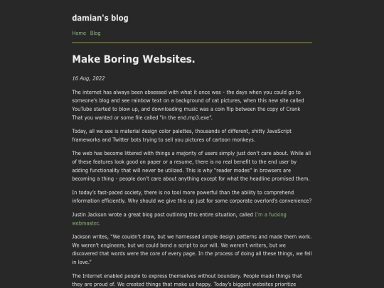 archive/websites/Manifesto/Make Boring Websites. damian's blog screenshot