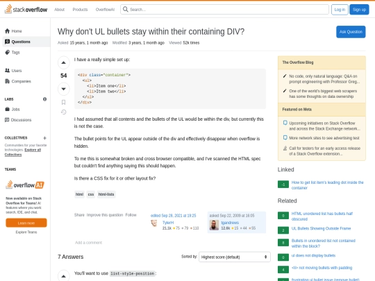 archive/websites/Webmastery/CSS/html - Why don't UL bullets stay within their containing DIV_ - Stack Overflow screenshot
