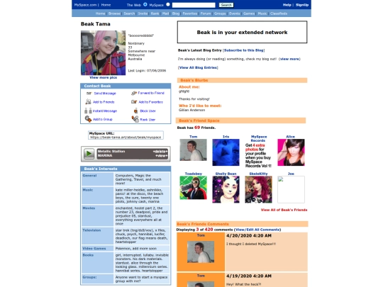 about/beak/myspace screenshot