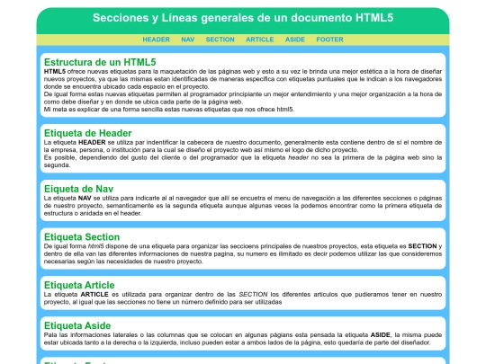 Secciones y líneas generales de un documento HTML5 screenshot