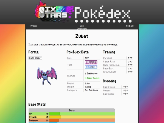 SixStars/pokedex/zubat screenshot