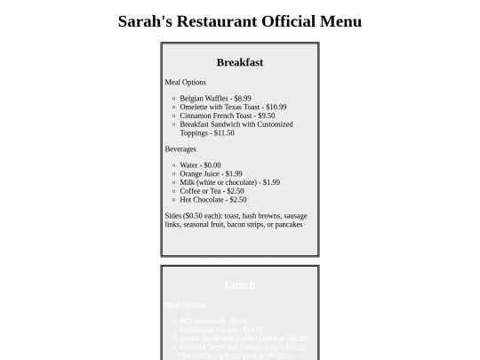 sarahs-restaurant-official-menu screenshot