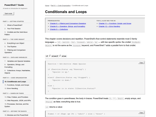 powershellguide/chapters/10-conditionals-and-loops screenshot