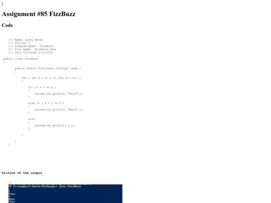 intro/ForLoops/85/FizzBuzz screenshot