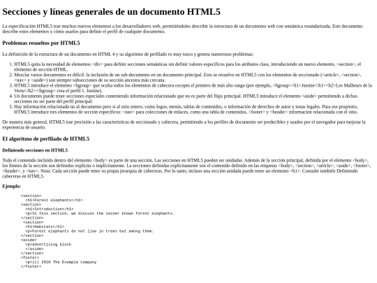 Secciones y líneas generales de un documento HTML5 screenshot