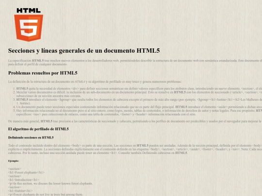 Desarrollo en HTML5, CSS y Javascript de Apps Web/Modulo 1/P2P obligatoria/Secciones y líneas generales de un documento HTML5 screenshot