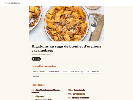 private/recette/rigatonis-ragu-boeuf-oignons-caramelises screenshot