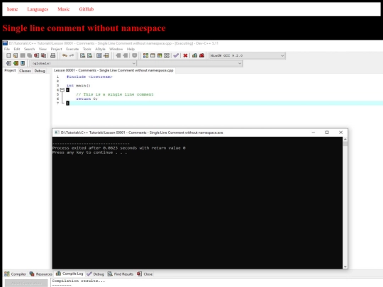 c++17examples/examples/lesson-00001-comments-single-line-comment-without-namespace screenshot