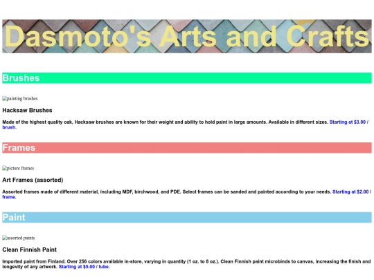Dasmoto's Arts and Crafts (Codecademy Project) screenshot