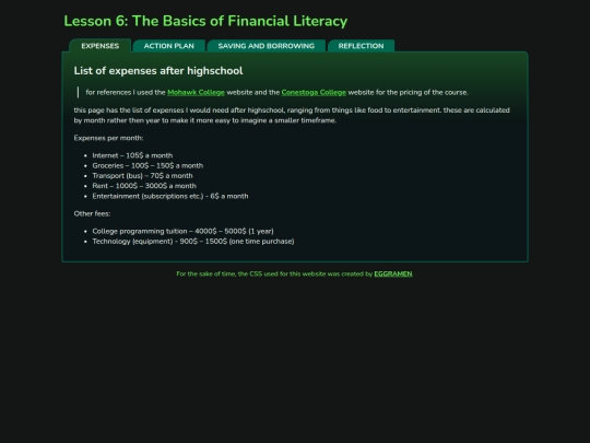 old schoolwork webpage screenshot