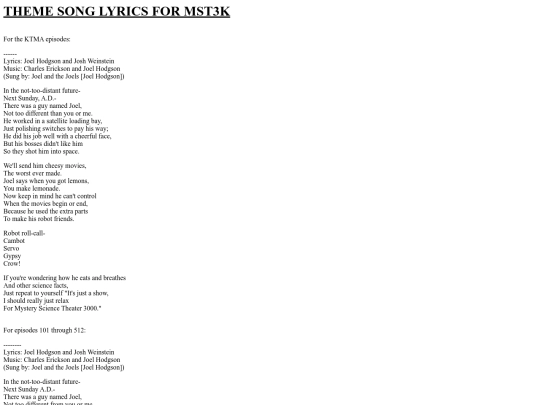 sephyotaku/fics/mst3k/lyrics screenshot