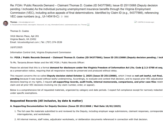 NOW.html/AAAGO/VECNewFilingCounter/FOIAPublicRecordsDemand10072025LETTER screenshot