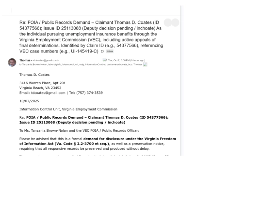 NOW.html/AAAGO/VECNewFilingCounter/FOIAPublicRecordsDemandClaimantThomasCoatesID54377566IssID25113068 screenshot