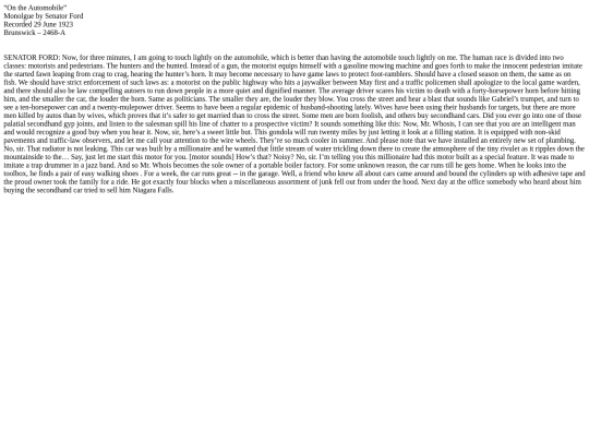ON THE AUTOMOBILE by Senator Ford 1923 Comic Monologue screenshot
