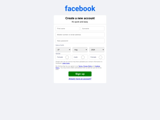 Facebook sing up screenshot