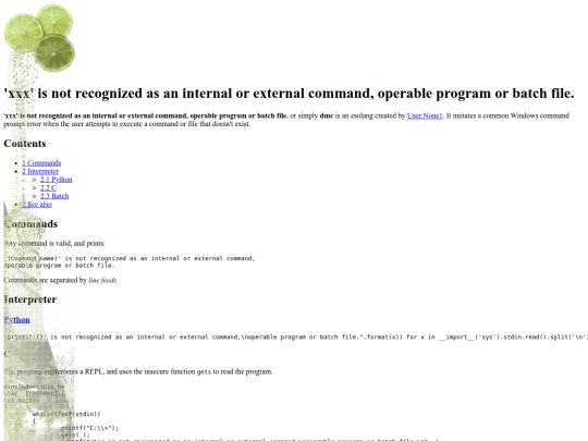 wiki/'xxx' is not recognized as an internal or external command, operable program or batch file. - Esolang screenshot