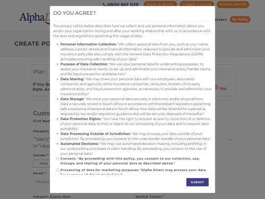 alphadirect.co.bw.policy_create.php.xss.p0c.dwe35 screenshot