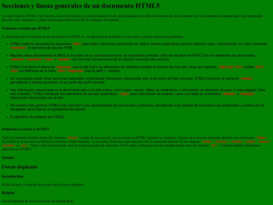 Secciones y líneas generales de un documento HTML5 screenshot