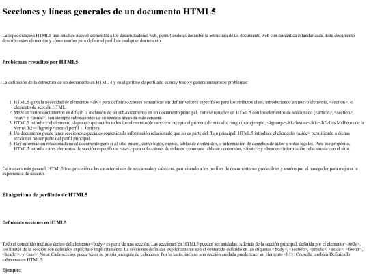 Secciones y líneas generales de un documento HTML5 screenshot