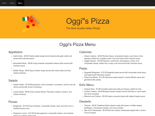 web Design/Oggi's Pizza/menu screenshot