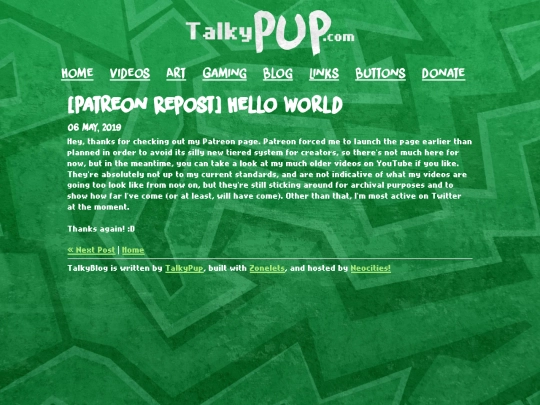 blog/posts/2019-05-06-Patreon-Hello-World screenshot