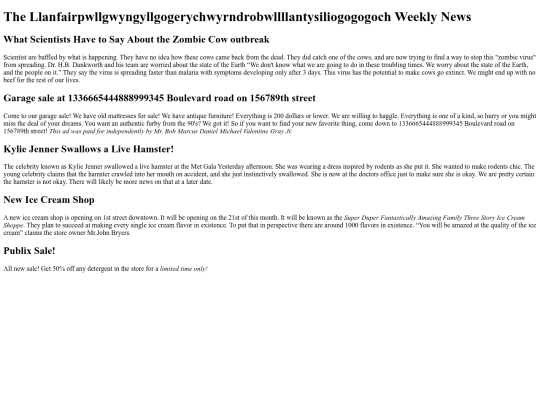 The The Llanfairpwllgwyngyllgogerychwyrndrobwllllantysiliogogogoch Weekly News by Kailey Bartlett screenshot