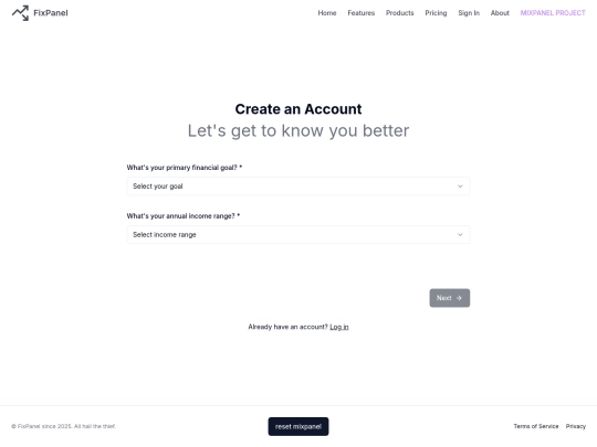 fixpanel/signup screenshot