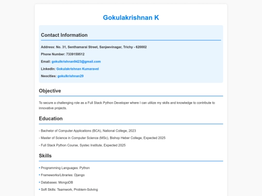 Gokulakrishnan's Resume/Resume screenshot