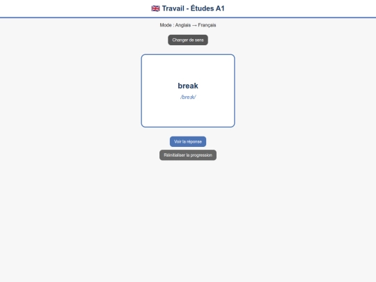 Flashcard/Anglais_A1/Anglais_Francais_A1_Travail_Etudes screenshot