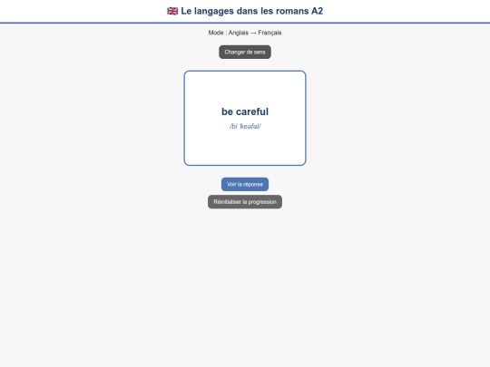 Flashcard/Anglais_A2/Anglais_Francais_A2_Langage_Romans screenshot