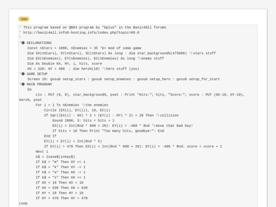 sample_programs/Cute 50-line-ish game.bas screenshot