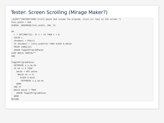 sample_programs/Tester_ Screen Scrolling (Mirage Maker_).prod.bas screenshot