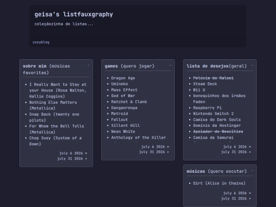 portuguese/cozyblog/lists screenshot
