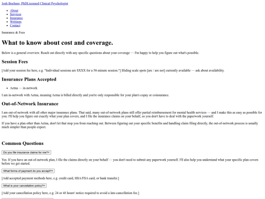 Insurance & Fees _ Dr. Josh Bochner, Psychologist screenshot