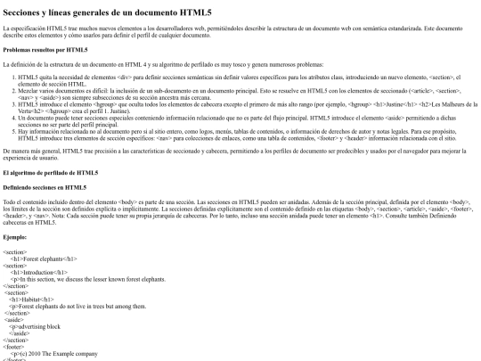 Secciones y líneas generales de un documento HTML5 screenshot