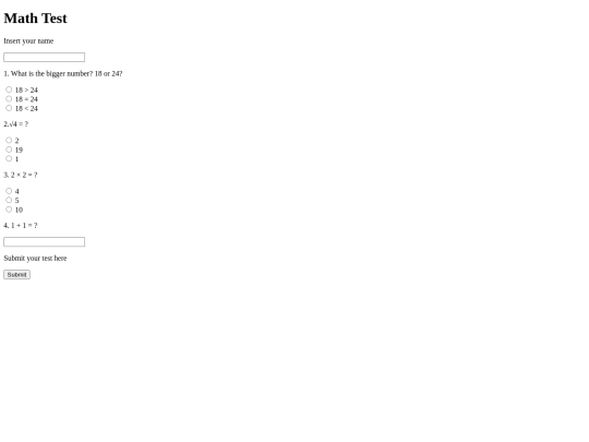 Math test screenshot