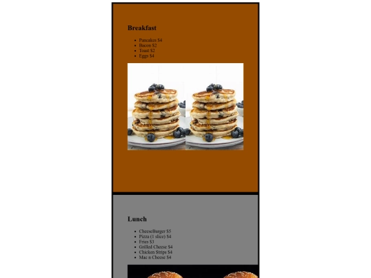 Resturant menu screenshot