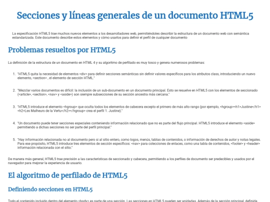 Secciones y líneas generales de un documento HTML5 screenshot