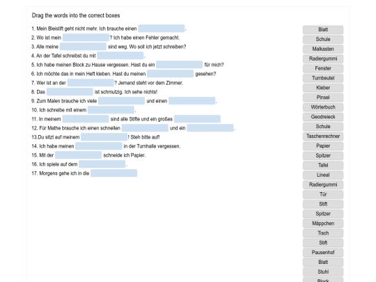 Deutsch/D_Vokabeln/SCHULE/In der Schule (Sätze mit drag and drop) screenshot