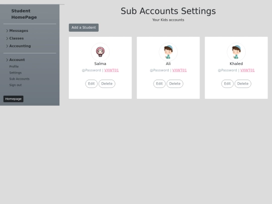studentback/account/subaccounts screenshot