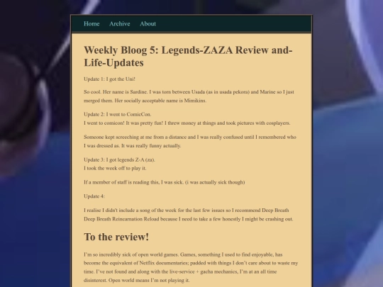 the weekly bloog/posts/2025-11-19-Weekly-Bloog-5: Legends ZAZA Review and Life Updates screenshot